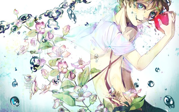 Anime picture 3211x2015 with vocaloid out of eden (vocaloid) kagamine len akiakane single highres blonde hair absurdres aqua eyes underwater boy flower (flowers) food bubble (bubbles) fruit apple suspenders