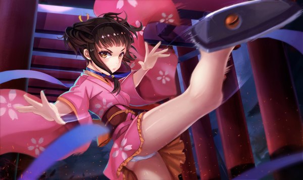 Anime picture 1345x800 with koutetsujou no kabaneri wit studio mumei (kabaneri) l.bou single looking at viewer short hair light erotic black hair wide image brown eyes traditional clothes japanese clothes legs revision girl underwear panties ribbon (ribbons) kimono
