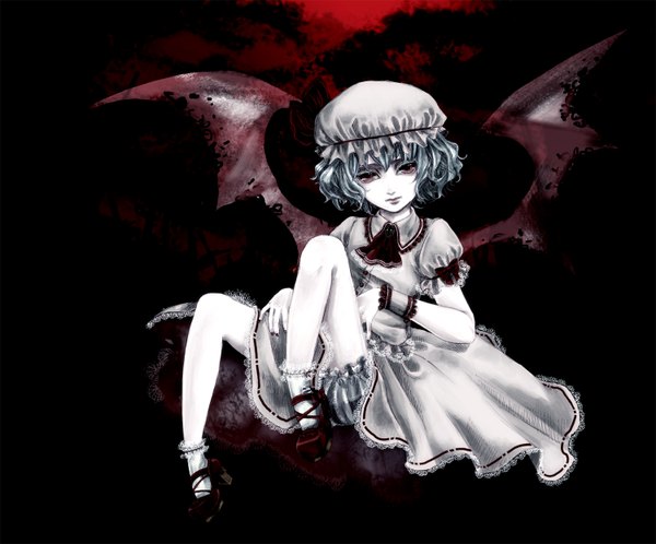Anime picture 1500x1246 with touhou remilia scarlet maika (appoo) single short hair blue hair pink eyes pale skin bat wings girl dress bow hat wings