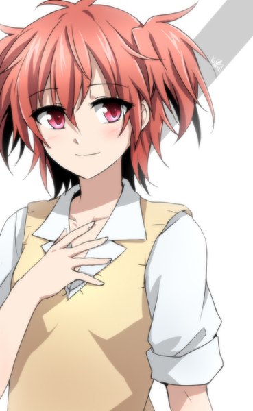 Anime picture 800x1300 with akuma no riddle ichinose haru kago-tan single tall image blush short hair simple background smile white background signed looking away red hair pink eyes two side up twisty sleeves girl uniform school uniform