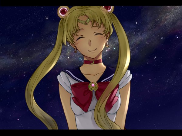 Anime picture 1400x1050 with bishoujo senshi sailor moon toei animation tsukino usagi sailor moon mikura (miraclemicro) long hair blush breasts blonde hair smile twintails sky eyes closed night letterboxed hair ornament bow earrings star (stars) jewelry