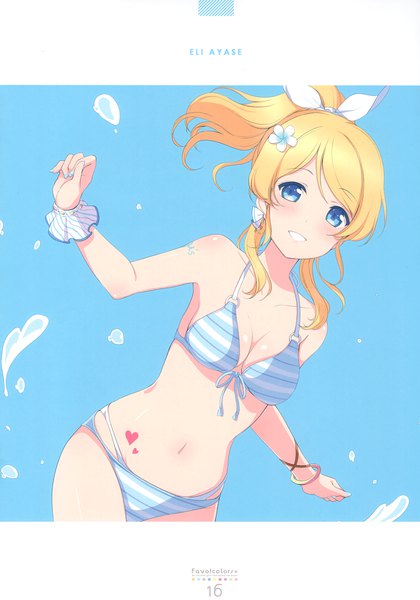 イラスト 2389x3416 と ラブライブ! サンライズ love live! 絢瀬絵里 6u☆ ソロ 長身像 赤面 highres 短い髪 おっぱい 青い目 light erotic 金髪 笑顔 ポニーテール parted lips hair flower character names spread arms