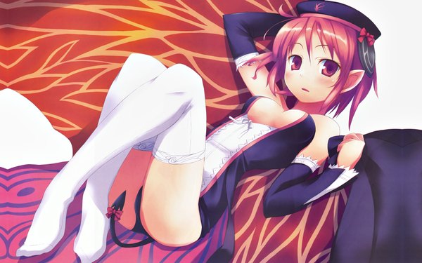 Anime picture 1920x1200 with disgaea megami magazine girl's avenue nanakusa blush highres short hair breasts light erotic wide image bare shoulders pink hair cleavage lying pink eyes pointy ears demon tail girl thighhighs detached sleeves