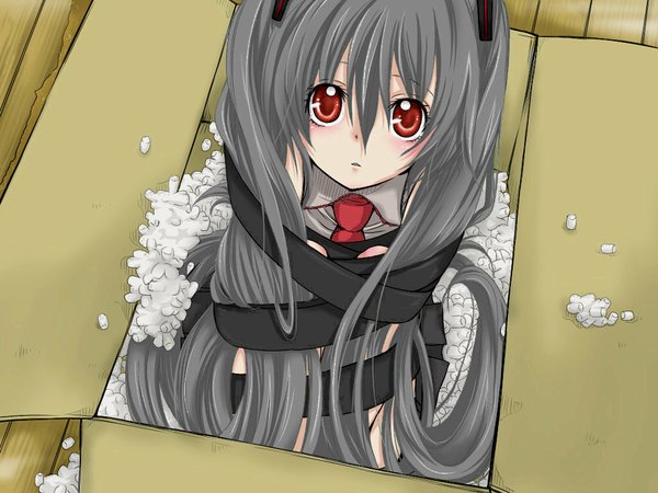 Anime picture 1024x768 with vocaloid zatsune miku inukai (g a) single looking at viewer blush red eyes twintails very long hair from above grey hair third-party edit bondage in container in box girl necktie box cardboard box
