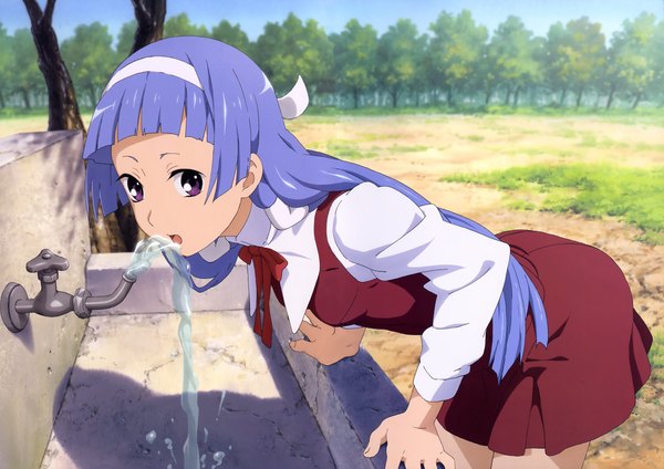 Anime picture 6617x4677 with kannagi nagi (kannagi) single fringe highres open mouth standing purple eyes blue hair outdoors blunt bangs long sleeves scan official art shadow arched back girl uniform plant (plants) school uniform