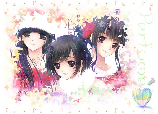 Anime picture 1200x866 with perfume (group) ayano omoto (nocchi) yuka kashino (kashiyuka) ayaka ishiwaki (a-chan) nishiwaki yuuri long hair looking at viewer blush fringe short hair black hair smile multiple girls black eyes girl earrings choker 3 girls