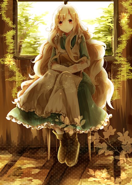 Anime picture 1035x1449 with kagerou project shaft (studio) mary (kagerou project) kinami mochiko single long hair tall image looking at viewer red eyes sitting white hair sunlight girl plant (plants) window leaf (leaves) chair