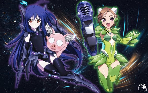 Anime picture 1920x1200 with accel world sunrise (studio) kuroyukihime kurashima chiyuri long hair highres short hair open mouth brown hair wide image purple eyes multiple girls brown eyes blue hair space girl thighhighs black thighhighs 2 girls animal