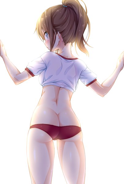 Anime picture 810x1200 with original ichi makoto single long hair tall image blush fringe blue eyes light erotic simple background brown hair white background ass ponytail profile looking back from behind midriff sweat back