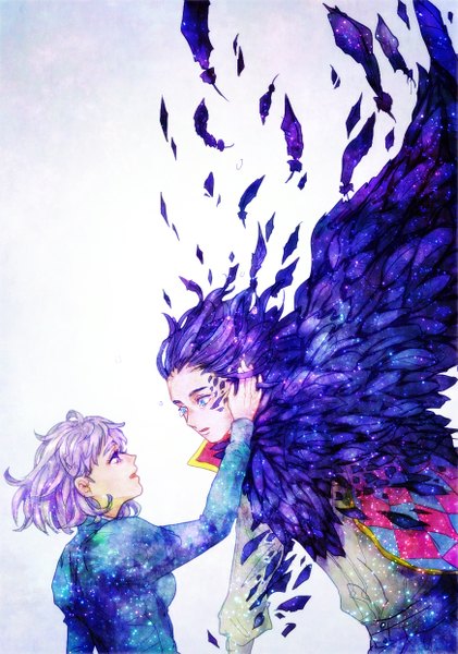 Anime picture 871x1241 with howl's moving castle studio ghibli howl sophie hatter tsubaki ya (artist) tall image short hair blue eyes simple background purple eyes blue hair purple hair profile wind couple hug tears crying space girl