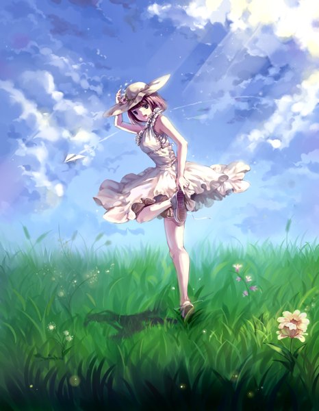 Anime picture 2267x2915 with original hmniao single tall image highres short hair brown hair brown eyes sky girl dress flower (flowers) plant (plants) hat grass paper airplane