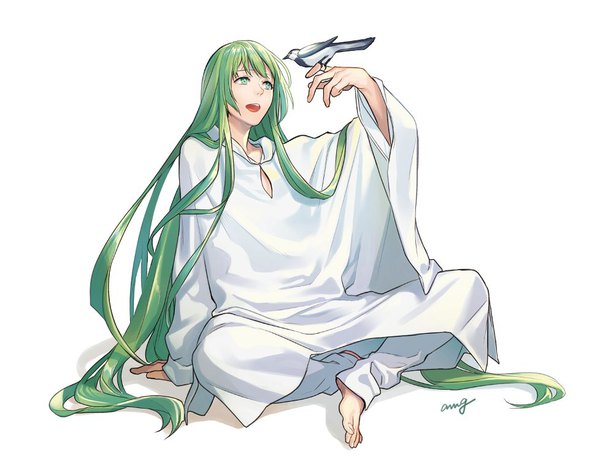 Anime picture 978x759 with fate (series) fate/strange fake enkidu (fate) amg (nwmnmllf) single open mouth simple background white background sitting green eyes signed full body very long hair :d barefoot arm up green hair wide sleeves arm support indian style
