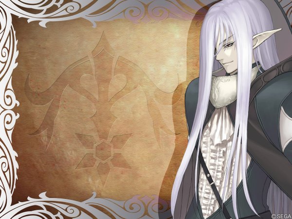 Anime picture 1280x960 with shining (series) shining tears killrain tony taka single long hair smile red eyes silver hair pointy ears white skin boy lace mantle