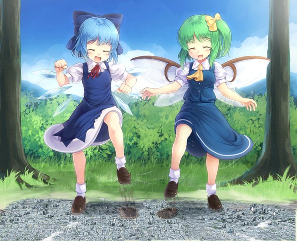 Anime picture 1350x1100 with touhou cirno daiyousei komimiyako blush short hair open mouth standing multiple girls blue hair sky cloud (clouds) full body eyes closed :d green hair short sleeves puffy sleeves one side up city