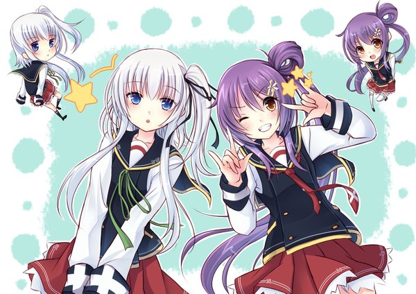 Anime picture 4092x2893 with hatachi long hair highres blue eyes multiple girls yellow eyes absurdres purple hair white hair one eye closed wink one side up chibi girl 2 girls serafuku