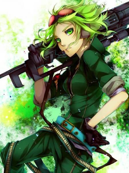 Anime picture 600x800 with vocaloid gumi matsunaka hiro single tall image looking at viewer short hair open mouth green eyes green hair hand on hip girl gloves weapon gun goggles