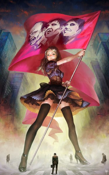 Anime picture 1012x1620 with original arata yokoyama long hair tall image looking at viewer brown hair green eyes signed from below zettai ryouiki puffy sleeves crosswalk girl thighhighs dress black thighhighs building (buildings) suit flag people