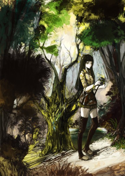 Anime picture 1061x1500 with canking single long hair tall image looking at viewer black hair smile yellow eyes sunlight girl skirt plant (plants) shirt tree (trees) boots leaf (leaves) forest camera
