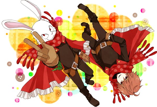 Anime picture 2000x1360 with oumagadoki zoo (manga) shiina (zoo) itsuya (artist) highres short hair red eyes pink hair ahoge bunny ears victory polka dot hands in pockets dual persona boy gloves animal boots belt scarf pants