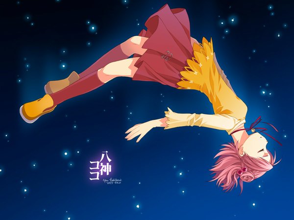 Anime picture 1600x1200 with ever 17 yagami coco takigawa yuu single short hair pink hair sky full body eyes closed parted lips night hair bun (hair buns) wallpaper night sky hieroglyph dated bell collar weightlessness girl skirt