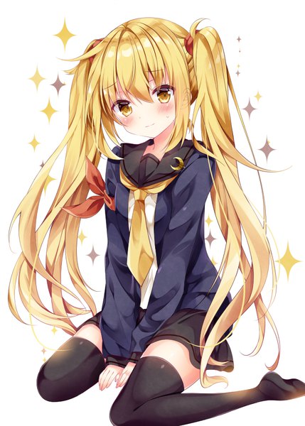 Anime picture 700x979 with kantai collection satsuki destroyer nogi takayoshi single long hair tall image looking at viewer blush fringe blonde hair simple background smile hair between eyes white background sitting twintails yellow eyes long sleeves head tilt sparkle