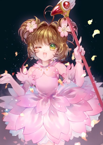 Anime picture 594x837 with card captor sakura clamp kinomoto sakura momoshiki tsubaki single tall image looking at viewer fringe short hair open mouth simple background brown hair green eyes ahoge blunt bangs one eye closed hair flower wink two side up cherry blossoms
