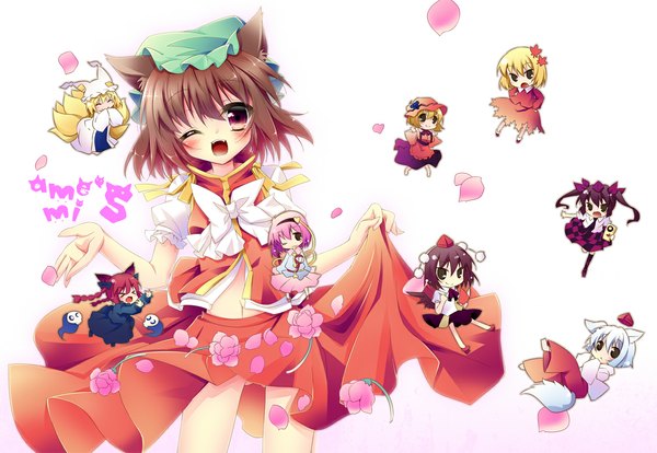 Anime picture 1130x780 with touhou shameimaru aya komeiji satori inubashiri momiji kaenbyou rin yakumo ran chen himekaidou hatate aki minoriko aki shizuha natsuki yuu (amemizu) blush short hair simple background red eyes brown hair white background animal ears one eye closed wink