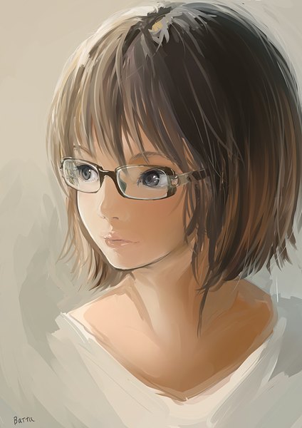 Anime picture 716x1012 with original batta (kanzume quality) single tall image fringe short hair simple background brown hair signed looking away lips grey eyes portrait expressionless girl glasses