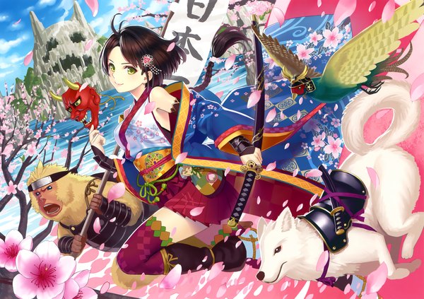 Anime picture 4601x3247 with original k+ highres short hair black hair green eyes absurdres braid (braids) traditional clothes cherry blossoms girl thighhighs weapon animal petals sword bird (birds) katana mask dog