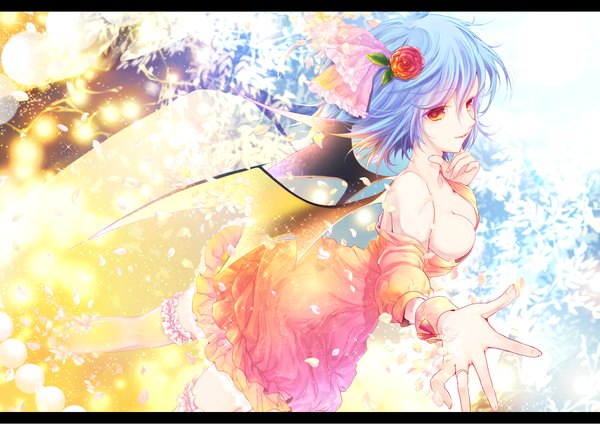 Anime picture 1500x1062 with touhou remilia scarlet cube (maryquant) single short hair breasts light erotic red eyes blue hair hair flower girl dress hair ornament petals wings frills