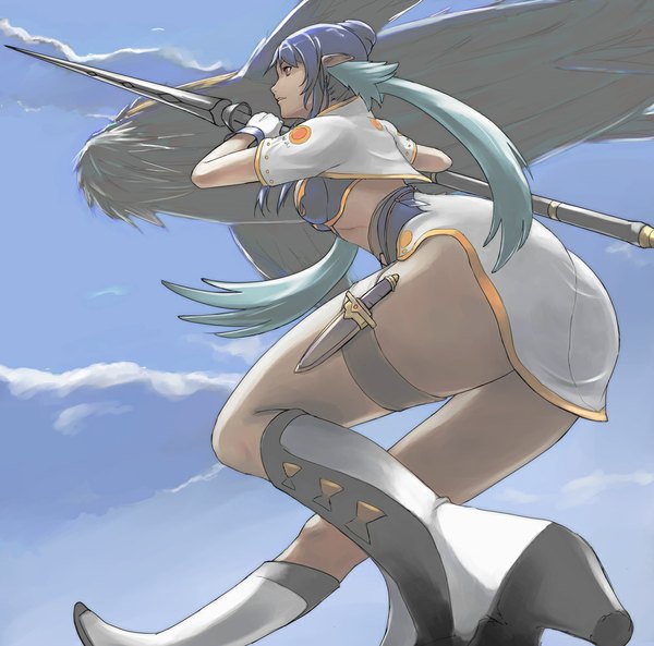 Anime picture 1000x989 with tales of (series) tales of vesperia judith tea (nakenashi) blue hair sky cloud (clouds) pointy ears flying girl weapon boots spear dagger