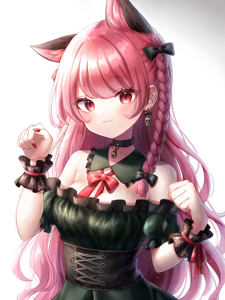 Anime picture 2048x2732 with touhou kaenbyou rin waramori fuzuka single long hair tall image highres simple background red eyes white background animal ears cleavage upper body red hair braid (braids) nail polish cat ears bell collar :3 extra ears