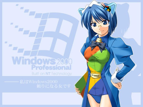 Anime picture 1280x960 with os-tan windows (operating system) 2k-tan looking at viewer blue eyes blue hair absurdres hand on hip girl hair ornament underwear panties glasses folder