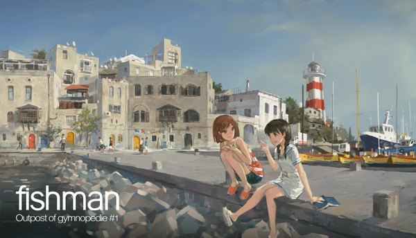 Anime picture 1559x895 with original hjl short hair black hair wide image multiple girls brown eyes braid (braids) inscription twin braids squat landscape scenic talking girl dress 2 girls shorts book (books) building (buildings)