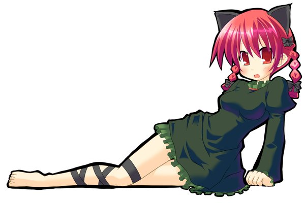 Anime picture 3150x2100 with touhou kaenbyou rin single long hair looking at viewer highres red eyes animal ears red hair cat ears extra ears girl dress green dress tagme