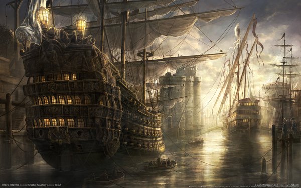 Anime picture 1920x1200 with empire: total war (game) highres wide image cloud (clouds) evening sunset window sea castle watercraft ship
