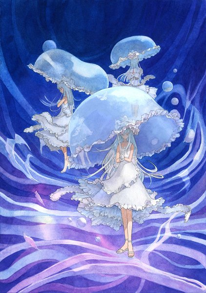 Anime picture 704x1000 with original efira long hair tall image multiple girls white hair eyes closed profile from behind transparent umbrella girl dress white dress 3 girls umbrella bubble (bubbles) sandals jellyfish