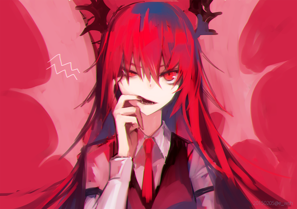 Anime picture 1200x845 with touhou koakuma megusuri single long hair looking at viewer fringe open mouth red eyes red hair teeth finger to mouth pink background head wings sharp teeth girl wings necktie