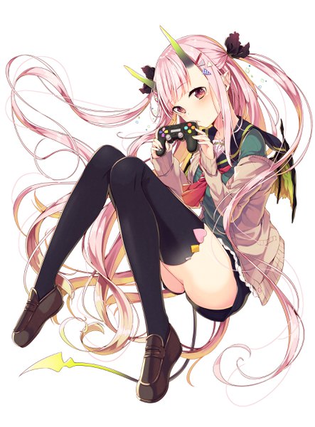 Anime picture 1816x2456 with original shiiha (sakuragi ren) sakuragi ren single tall image looking at viewer blush fringe highres light erotic blonde hair holding payot pink hair bent knee (knees) tail blunt bangs long sleeves very long hair nail polish