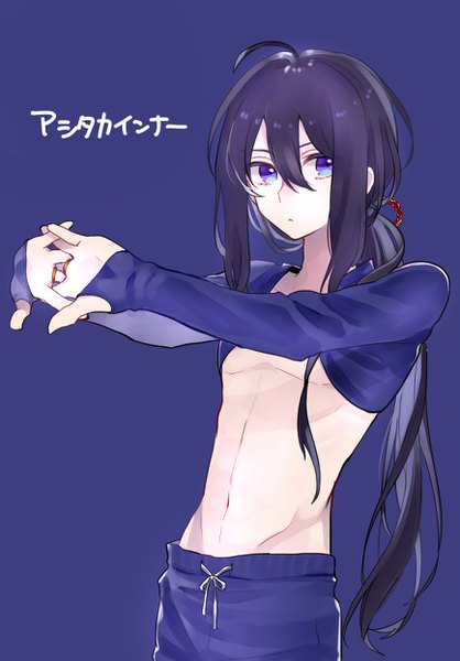 Anime picture 868x1246 with touken ranbu nitroplus namazuo toushirou asuma (hanezu) single long hair tall image fringe black hair simple background hair between eyes purple eyes looking away ahoge upper body bare belly low ponytail purple background boy ring