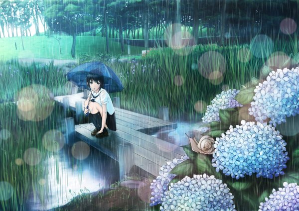 Anime picture 2480x1753 with original hyp single looking at viewer highres short hair blue eyes black hair sitting rain river girl skirt flower (flowers) plant (plants) shirt tree (trees) socks black socks umbrella