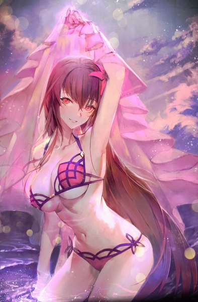 Anime picture 708x1078 with fate (series) fate/grand order scathach (fate) (all) scathach (swimsuit assassin) (fate) hxxg single long hair tall image looking at viewer fringe breasts light erotic smile hair between eyes red eyes brown hair large breasts cleavage cloud (clouds) outdoors