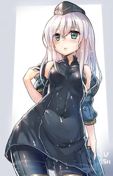 Anime picture 638x996 with kantai collection u-511 submarine ks single long hair tall image looking at viewer blush breasts blue eyes signed white hair parted lips open clothes open jacket wet covered navel girl jacket bodysuit