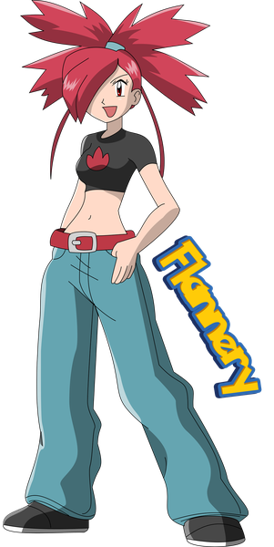 Anime picture 1162x2313 with pokemon pokemon rse nintendo asuna (pokemon) single long hair tall image fringe open mouth red eyes full body ponytail red hair :d hair over one eye character names hand on hip transparent background laughing girl