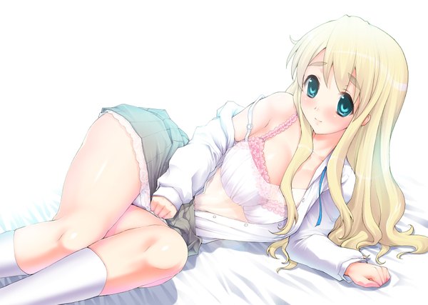 Anime picture 3654x2604 with k-on! kyoto animation kotobuki tsumugi kotobuki utage single long hair blush highres blue eyes light erotic blonde hair looking away lying on side strap slip girl thighhighs underwear panties transparent clothing