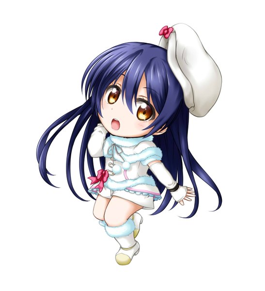 Anime picture 1361x1493 with love live! school idol project sunrise (studio) love live! sonoda umi kuena single long hair tall image looking at viewer open mouth simple background white background brown eyes blue hair chibi girl dress beret