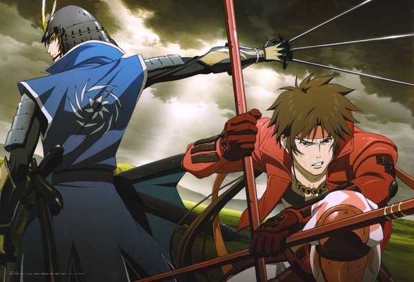 Anime picture 1600x1092 with sengoku basara production i.g date masamune sanada yukimura long hair short hair brown hair brown eyes ponytail looking back inscription multiple boys back boy gloves weapon sword hairband armor katana