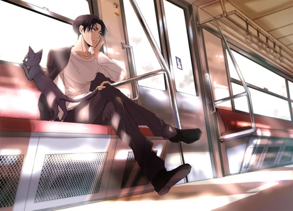 Anime picture 1246x900 with shingeki no kyojin production i.g levi (rivaille) kawauso single short hair black hair sitting looking away full body black eyes sunlight arm support crossed legs clothes on shoulders hand on knee hand on cheek boy animal window