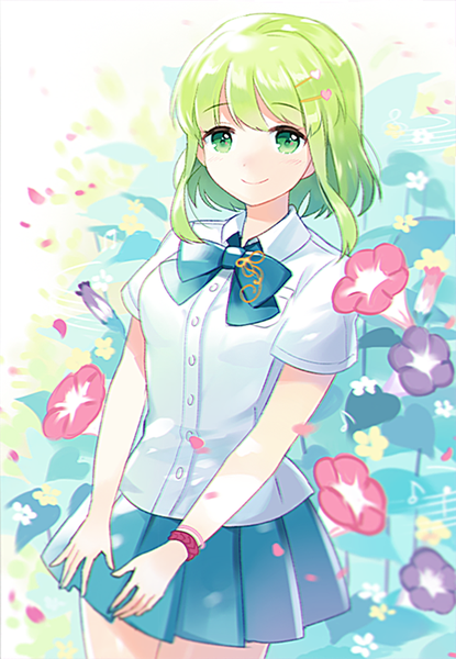 Anime picture 600x866 with vocaloid gumi apring single tall image fringe short hair smile green eyes looking away green hair alternate costume summer girl uniform hair ornament flower (flowers) school uniform petals bracelet