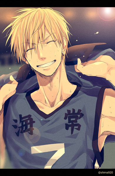 Anime picture 600x920 with kuroko no basket production i.g kise ryouta mashima shima single tall image short hair blonde hair smile signed upper body eyes closed sweat piercing ear piercing letterboxed boy uniform gym uniform basketball uniform